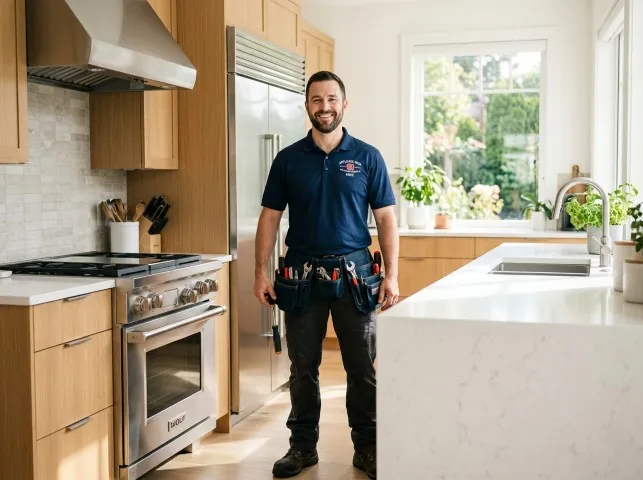 Appliance Repair Hero technician in a Bloomingdale, MI kitchen after an appliance repair