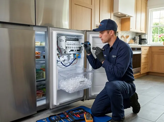 Appliance Repair Hero technician repairing a refrigerator ice maker in Bloomingdale, MI