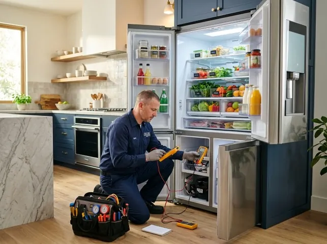 Appliance Repair Hero refrigerator technician testing a fridge on a Bloomingdale, MI service call